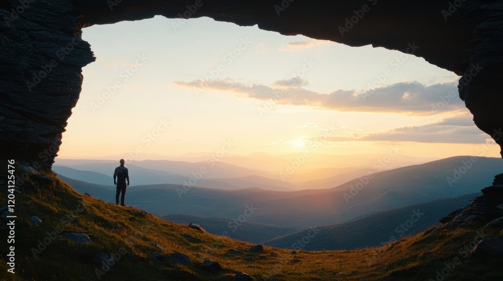 Fototapeta premium Man Standing on Mountaintop Gazing at Vast Landscape During Sunset View
