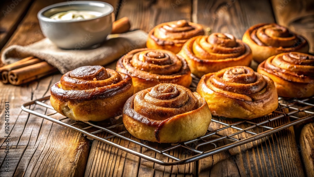 Warm Homemade Cinnamon Rolls Cooling on a Wire Rack, Rustic Kitchen Setting Warm Homemade Cinnamon Rolls Cooling on a Wire Rack, Rustic Kitchen Setting