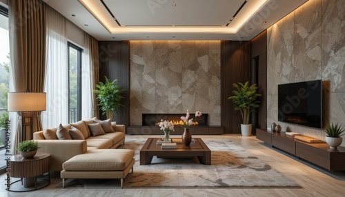 Sunlight filters through large windows  casting a warm glow on a chic living room adorned with sophisticated furniture and greenery. A tranquil ambiance invites relaxation