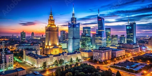 Warsaw Skyline Night Photography: Modern Skyscrapers Illuminating City Center