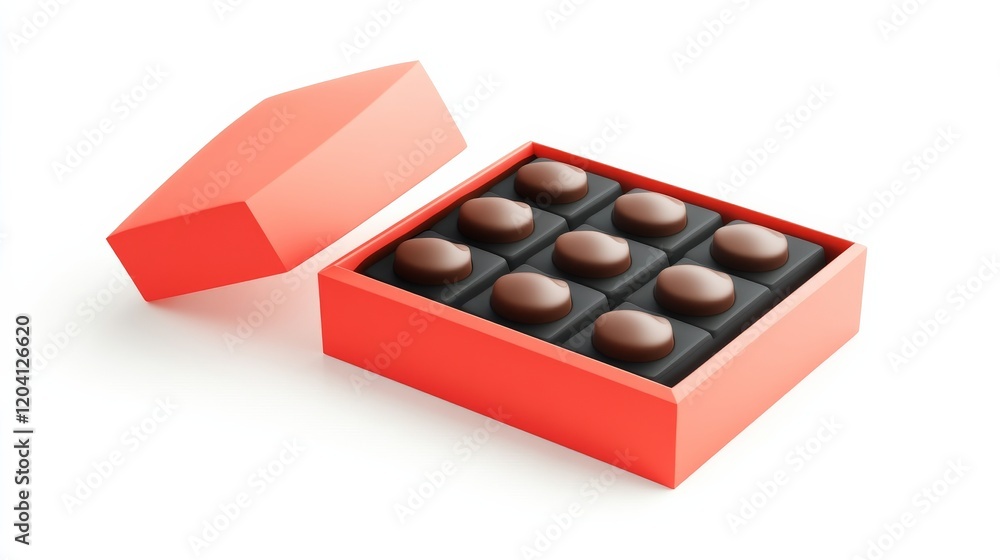 A bright red box with a lid opened to reveal an assortment of chocolate candies arranged neatly inside. A bright red box with a lid opened to reveal an assortment of chocolate candies arranged neatly inside.