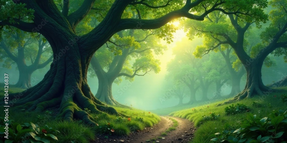 Fototapeta premium A Mystical Path Winding Through an Ancient, Lush Forest, Bathed in the Soft Light of Dawn