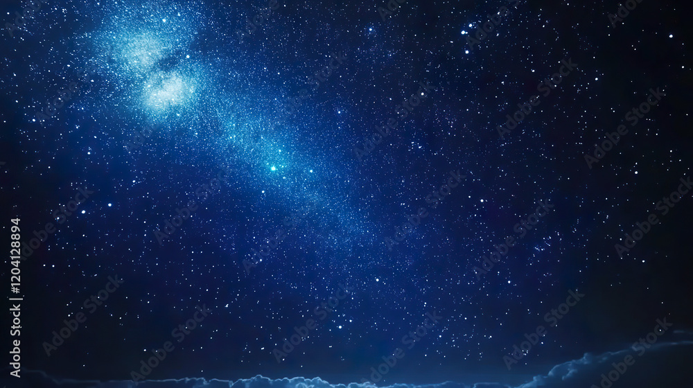 Obraz premium The starry night sky is vast and dark, with distant stars and the Milky Way visible in the upper part of the picture. The scenery is peaceful and celestial bodies are clearly visible. Landscape pictur