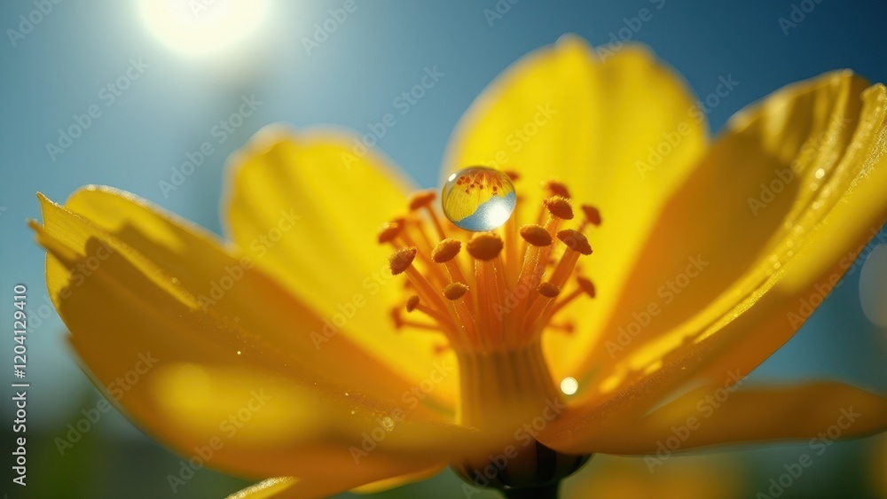 Obraz premium Close-Up of a Yellow Flower With Dew in a Sunlit Garden