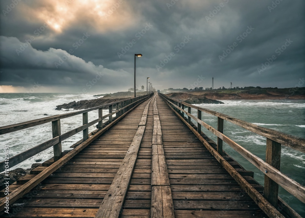 Weathered Wooden Bridge Over Ocean, Coastal Path, Dramatic Seascape, Rustic Architecture, Urban Exploration Photography Weathered Wooden Bridge Over Ocean, Coastal Path, Dramatic Seascape, Rustic Architecture, Urban Exploration Photography