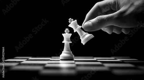 Close-Up Hand Placing Chess Piece on Board in Black and White Imagery photo