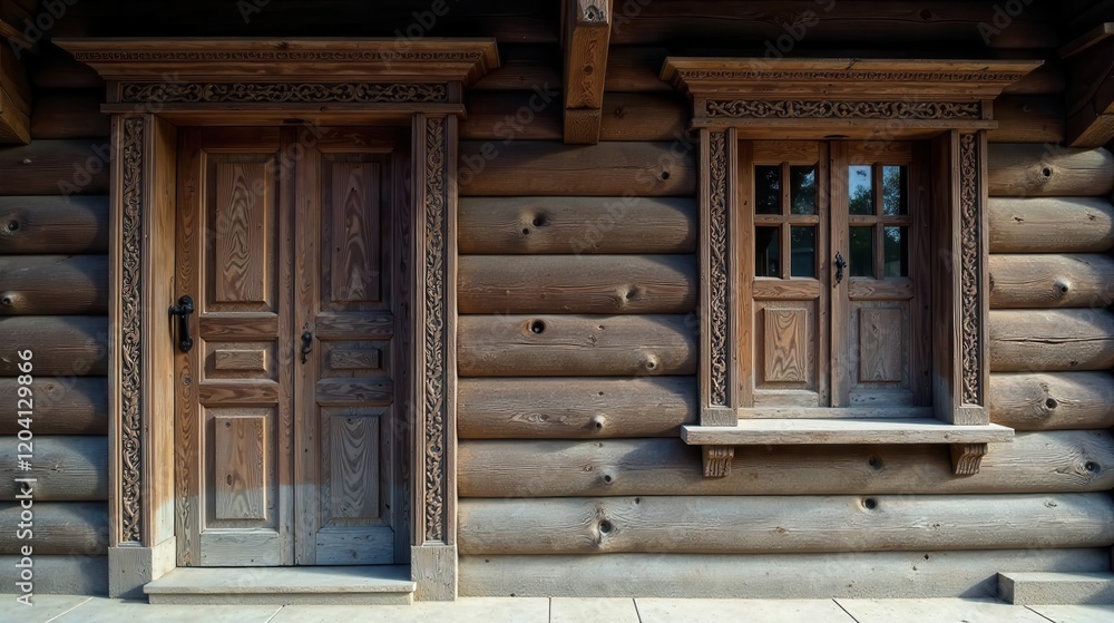 Rustic wooden structure featuring intricately carved door and window frames, set against a backdrop of aged, horizontally stacked logs. Rustic wooden structure featuring intricately carved door and window frames, set against a backdrop of aged, horizontally stacked logs.