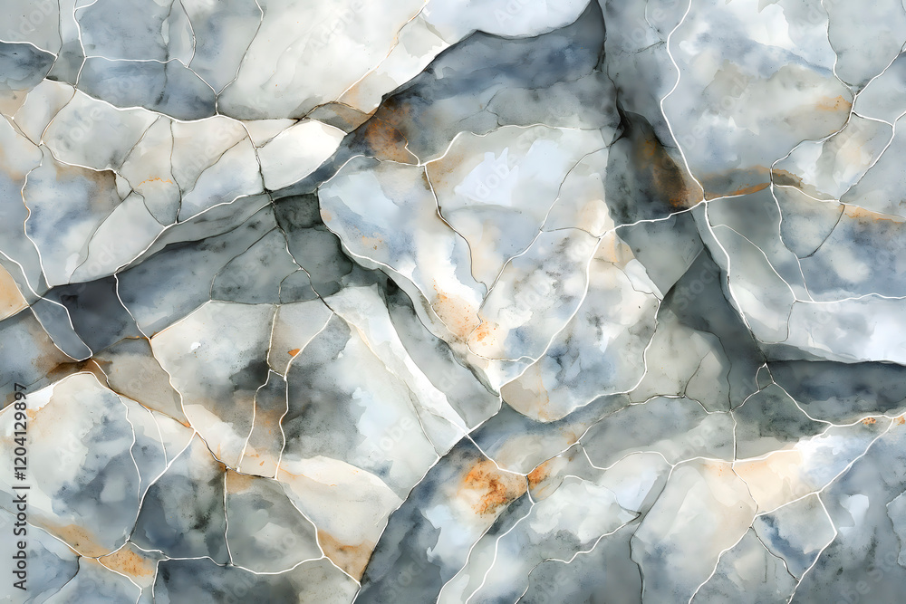 Obraz premium Watercolor depiction of interlocking cracked shapes in earthy gray and orange tones, symbolizing natural textures, resilience, and imperfection, perfect for abstract art or design inspiration