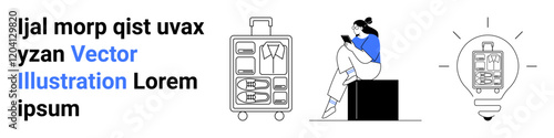 Traveler sitting on suitcase interacting with smartphone, detailed packed luggage with clothes, lightbulb with suitcase inside. Ideal for travel planning, packing tips, vacations, digital nomad