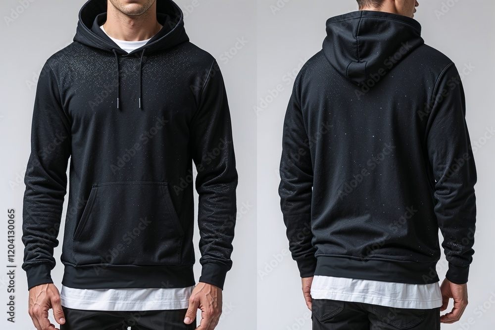 Set of Black front and back view tee hoodie hoody sweatshirt on transparent background cutout, Set of Black front and back view tee hoodie hoody sweatshirt on transparent background cutout,