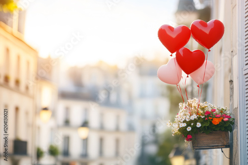 Heart-Shaped Balloons Decorating a Balcony with Flowers in the City. Al Generated