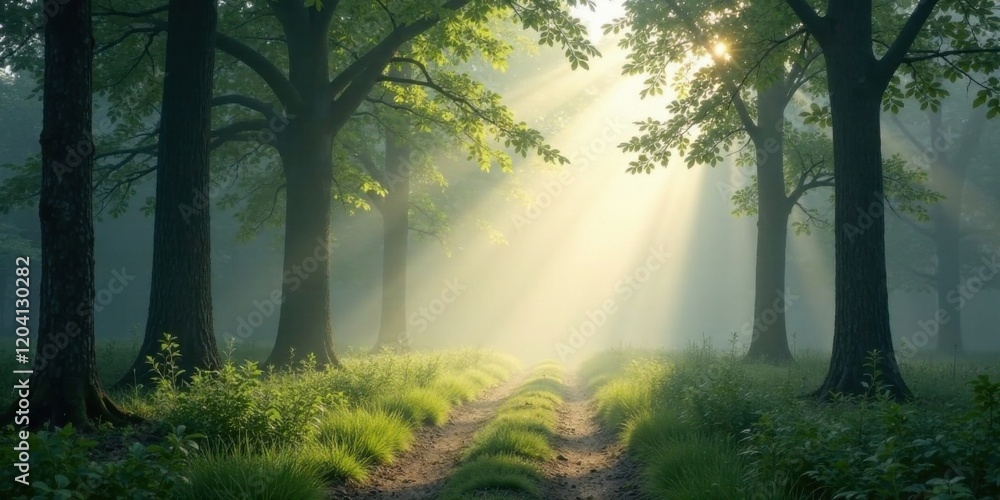 Fototapeta premium Sunbeams Illuminate a Mystical Forest Path, Enveloped in Morning Mist, Creating an Ethereal and Serene Atmosphere
