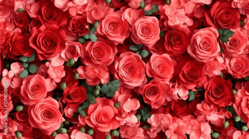 Fototapeta Naklejka Na Ścianę i Meble -  Miniature red roses with delicate green leaves create a vibrant seamless pattern, perfect for fabric and wallpaper designs.