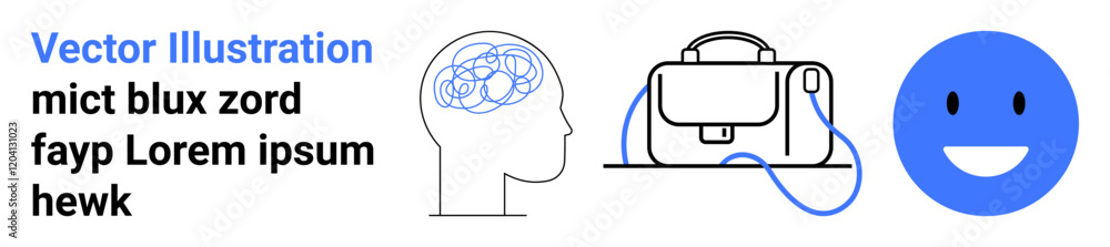 Outline of a brain with swirling lines, a travel bag with a shoulder strap, and a blue happy face. Ideal for psychology, travel, emotions, mental health, leisure, education, technology themes Outline of a brain with swirling lines, a travel bag with a shoulder strap, and a blue happy face. Ideal for psychology, travel, emotions, mental health, leisure, education, technology themes