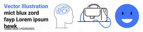 Outline of a brain with swirling lines, a travel bag with a shoulder strap, and a blue happy face. Ideal for psychology, travel, emotions, mental health, leisure, education, technology themes