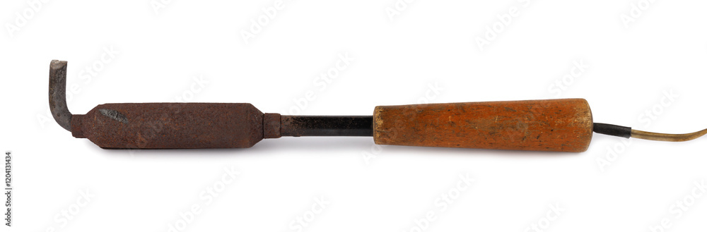 Old metal soldering iron with wooden handle isolated on white background. Old metal soldering iron with wooden handle isolated on white background.