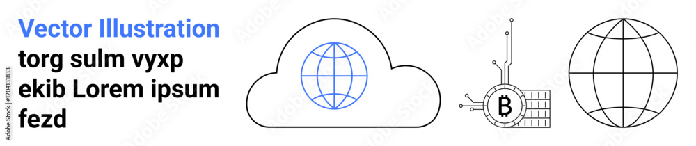 Cloud image with a globe icon inside, a blockchain symbol with circuitry, and a wireframe globe. Ideal for tech, data storage, cybersecurity, global networks, blockchain integration, digital Cloud image with a globe icon inside, a blockchain symbol with circuitry, and a wireframe globe. Ideal for tech, data storage, cybersecurity, global networks, blockchain integration, digital