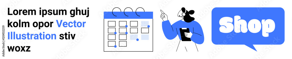 Blue and white themed with calendar reminder, character using a smartphone, and a speech bubble with Shop text. Ideal for eCommerce, booking, planning, customer service, digital marketing. Banner Blue and white themed with calendar reminder, character using a smartphone, and a speech bubble with Shop text. Ideal for eCommerce, booking, planning, customer service, digital marketing. Banner