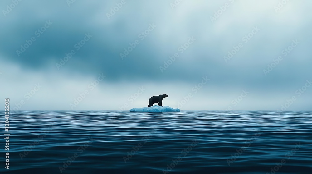 Fototapeta premium A lone polar bear on a shrinking iceberg, surrounded by stormy waters, climate crisis, endangered species, rising sea levels