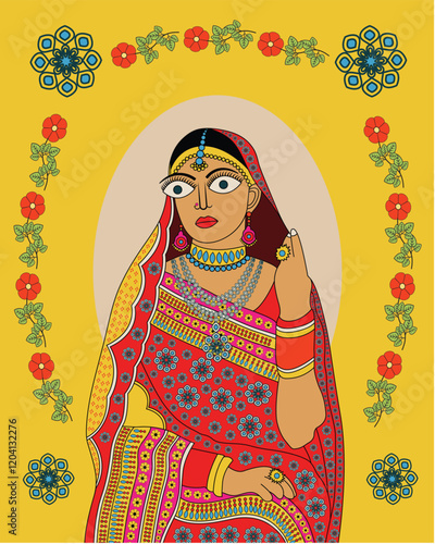 Bridal Elegance: Indian Bride Depicted in Intricate Madhubani Style. Madhubani art, Mithila painting, Indian folk art, Madhubani bride