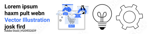 Two people working on e-commerce website, a shopping cart, lightbulb representing ideas, gear symbolizing settings. Ideal for online business, web development, technology, shopping, innovation idea