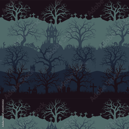 Haunted forest seamless pattern, halloween background, vector illustration. 