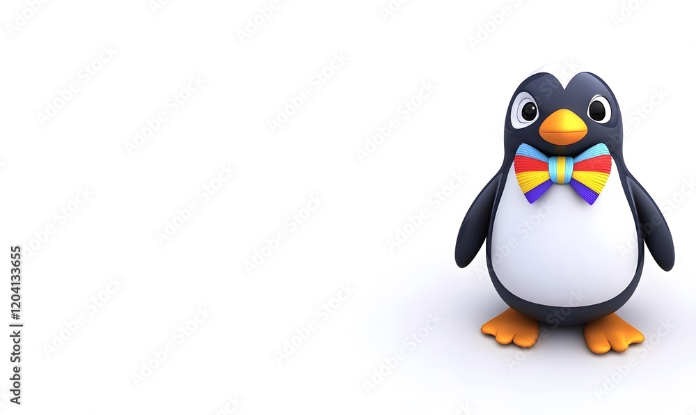 Fototapeta premium Cute cartoon penguin wearing a colorful bow tie on white background.