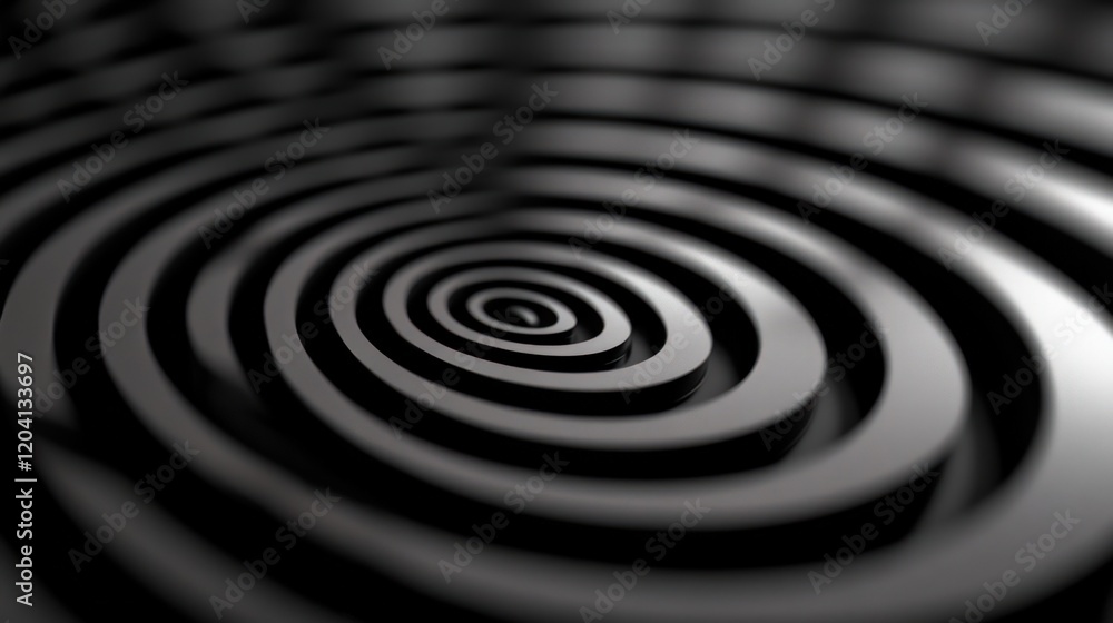 Obraz premium Abstract concentric circles in grayscale, hypnotic visual pattern, 3D rendered illustration, modern art, dark background.
