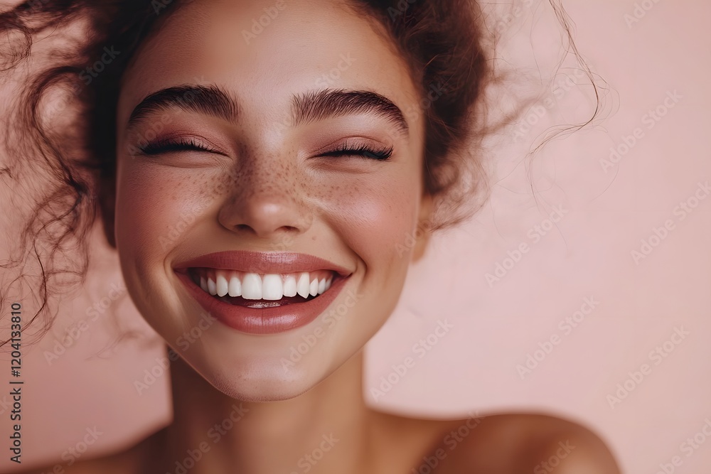 Portrait of a smiling girl. Minimal trendy happy idea with beige-brown background. Portrait of a smiling girl. Minimal trendy happy idea with beige-brown background.