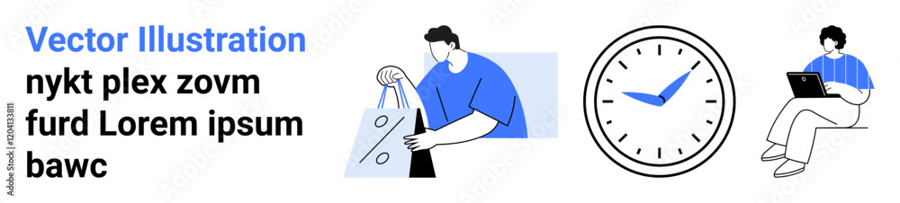 Man holding shopping bags, clock showing time, person working on a laptop. Ideal for marketing, e-commerce, time management, remote work, productivity, business strategies and online services Man holding shopping bags, clock showing time, person working on a laptop. Ideal for marketing, e-commerce, time management, remote work, productivity, business strategies and online services