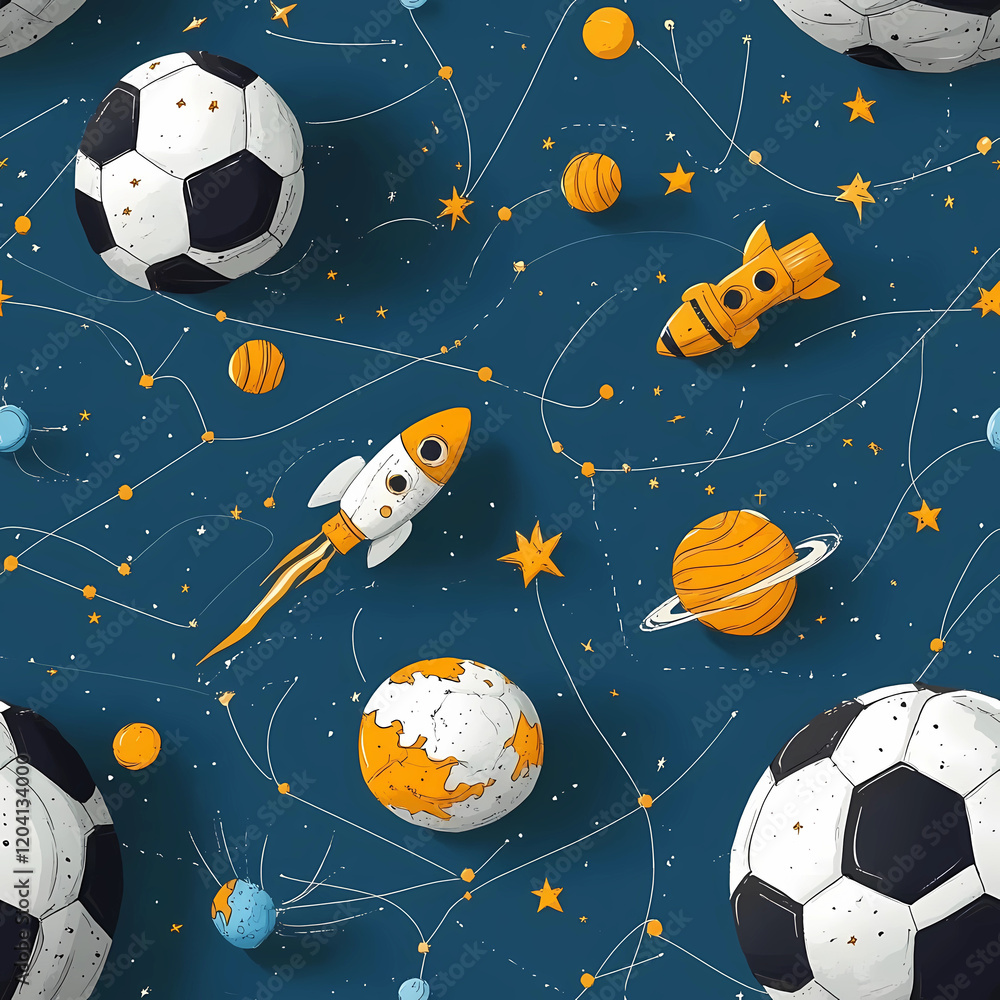 Naklejka premium Creative design featuring soccer balls and rockets among colorful planets in a starry space background