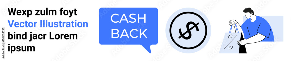 Shopper carrying bags, cash back symbol inside a circle, and placeholder text. Ideal for e-commerce, promotions, marketing, consumer rewards, retail discount offers financial incentives. Landing Shopper carrying bags, cash back symbol inside a circle, and placeholder text. Ideal for e-commerce, promotions, marketing, consumer rewards, retail discount offers financial incentives. Landing
