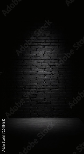 Dramatic Dark Brick Wall Background with Spotlight and Empty Surface Perfect for Product Display or