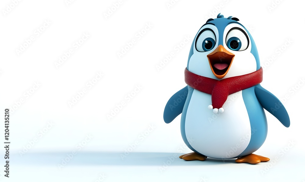 Fototapeta premium Cute cartoon penguin wearing a red scarf. (1)