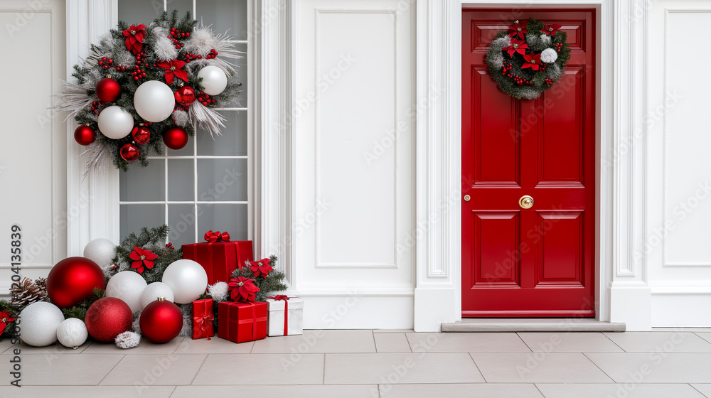 Fototapeta premium Holiday decorations adorn a festive entrance with bright red door, ornaments, and wrapped gifts in a charming winter setting