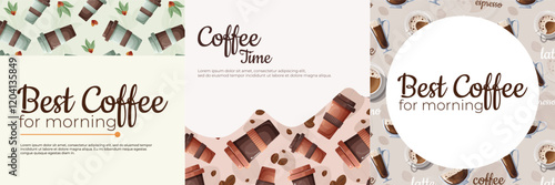 Design template for square social media posts. Set of posts with seamless patterns on a coffee theme. Drink design. Vector illustration for a coffee shop or café.