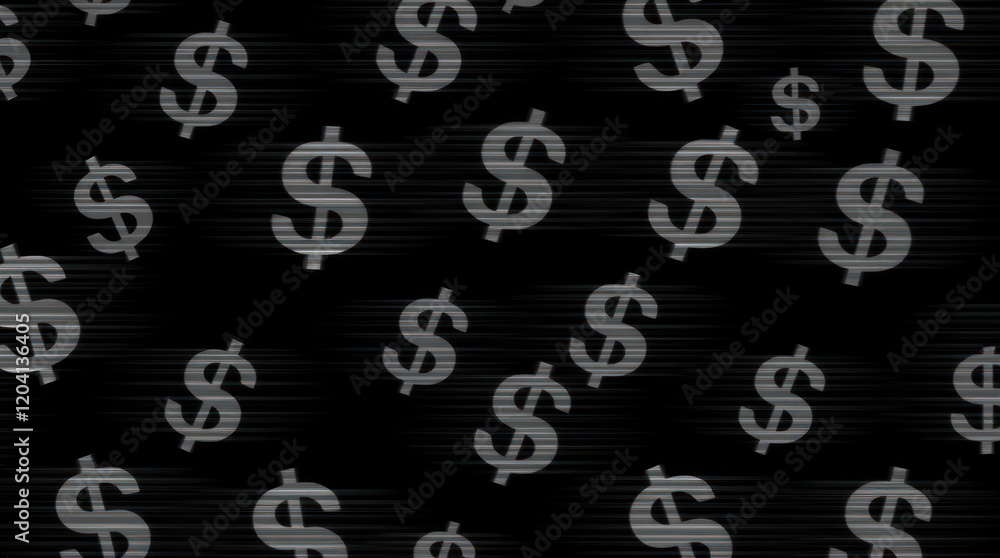 Obraz premium Intense seamless black pattern with dollar symbols, dynamic motion and blurred lines in deep black.
