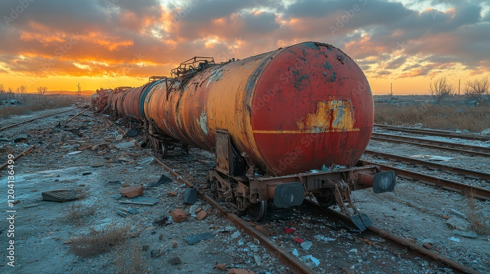 Abandoned damaged oil train tank on desolate railway at sunset Abandoned damaged oil train tank on desolate railway at sunset