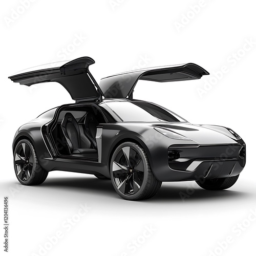 Sleek black coupe with gull-wing doors open, showcasing interior. photo