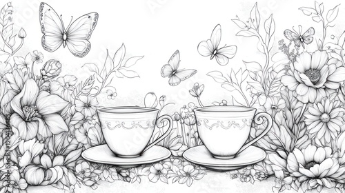 Elegant line art illustration of tea cups surrounded by blooming flowers and butterflies