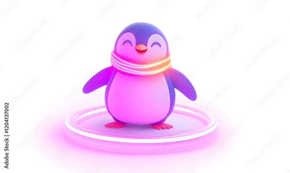 Obraz premium Cute cartoon penguin wearing neon scarf.