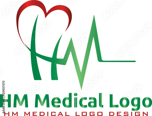 HM medical heart logo LOGO design, Heart with beat monitor pulse line art icon for medical apps and websites. breathing and alive sign red love heart. Red Medic blood pressure , cardiogram, health