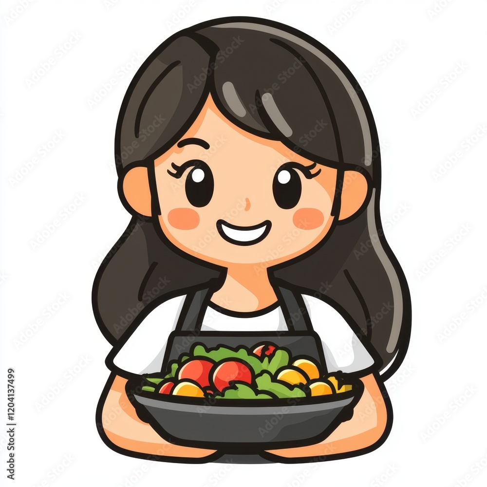 very detailed. cute cartoon icon about A barista with neat Korean-style tied hair with smiling face eating vegetable salad, Line Art Style, Clear Background very detailed. cute cartoon icon about A barista with neat Korean-style tied hair with smiling face eating vegetable salad, Line Art Style, Clear Background