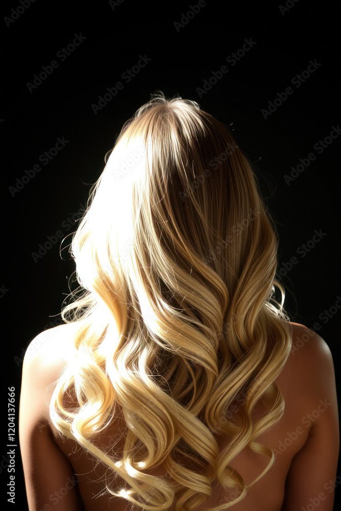 Naklejka premium Back view of beautiful wavy shiny hair under bright hard light showing harsh shadows.