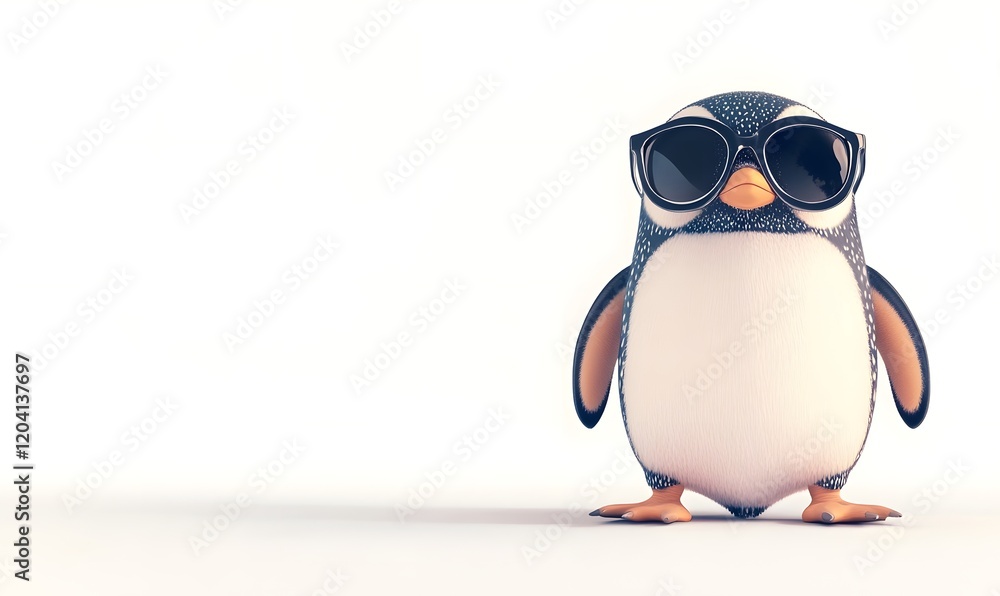 Obraz premium Cute cartoon penguin wearing sunglasses on white background.