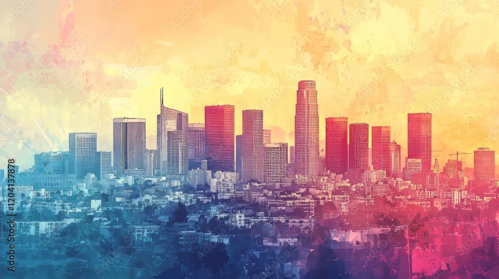 Fototapeta premium A vibrant cityscape with modern skyscrapers glowing in warm yellow, orange, and cool blue hues, blending urban architecture with artistic flair. AI generative.