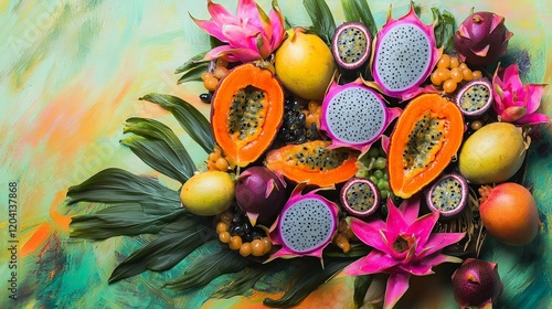 Tropical fruit arrangement, vibrant colors, textured background, food photography, website banner.