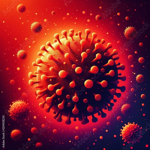 Pandemic An illustration of a virus with a red and orange backgr