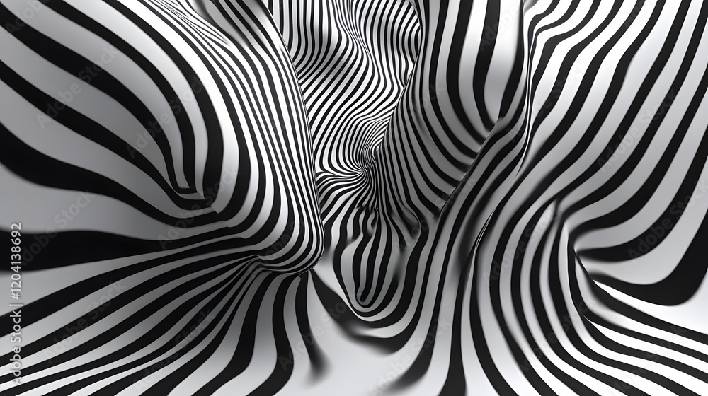 Black and white fluid wave patterns with intense curvature. Black and white fluid wave patterns with intense curvature.