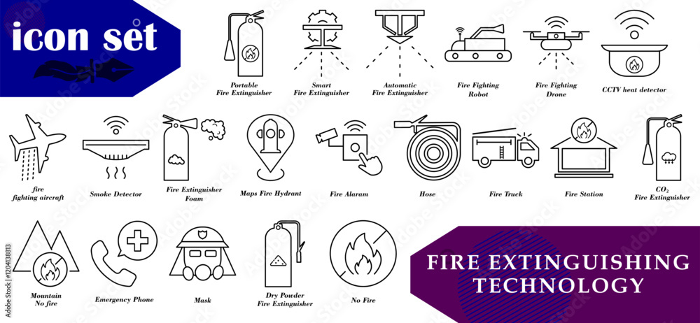 Obraz premium Modern fire extinguisher and technology icon set. Ideal for safety apps, fire websites, educational posters and presentations.